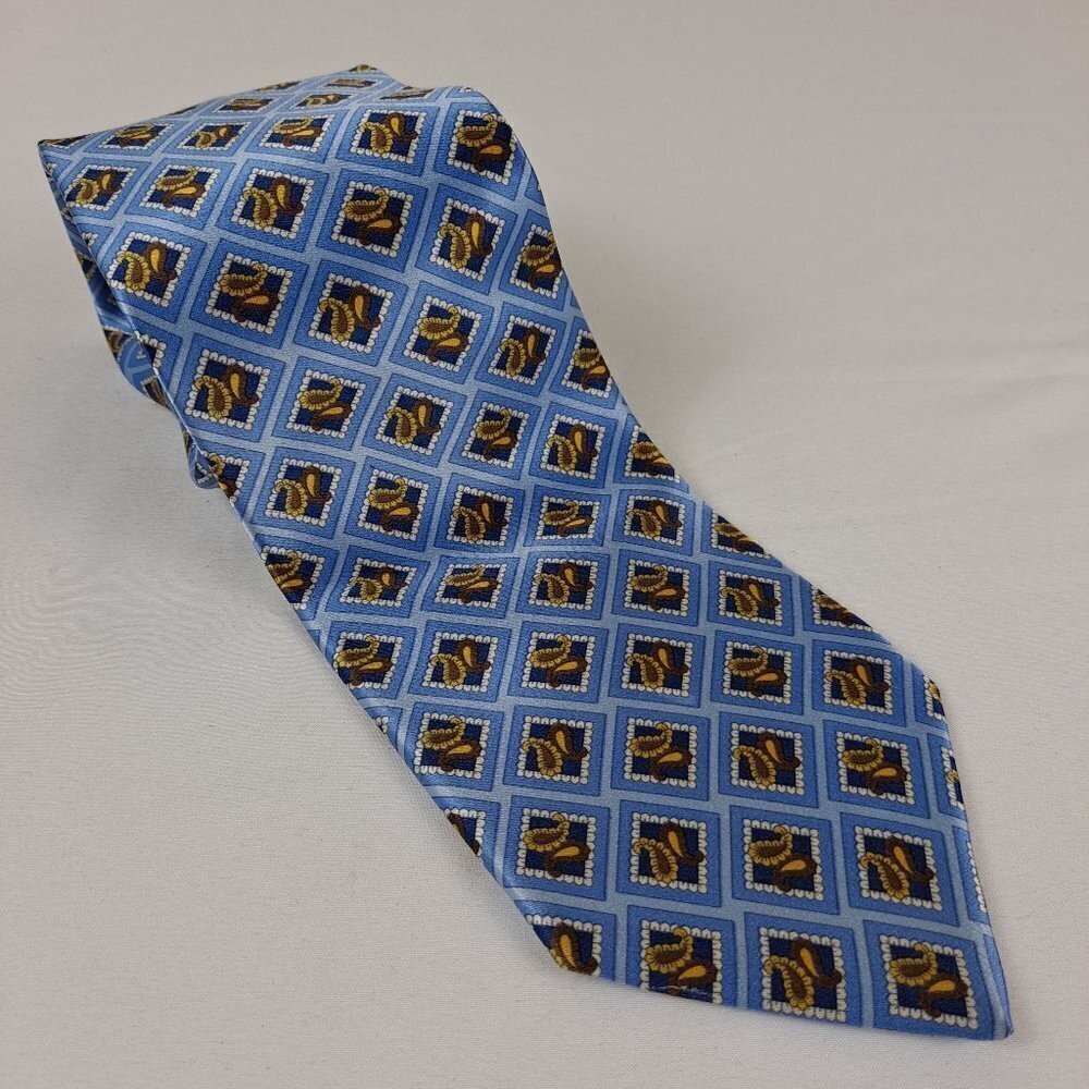 Scappino Italy Men'sTie 100% Silk Light Blue Gold Diamonds/Paisley Pattern